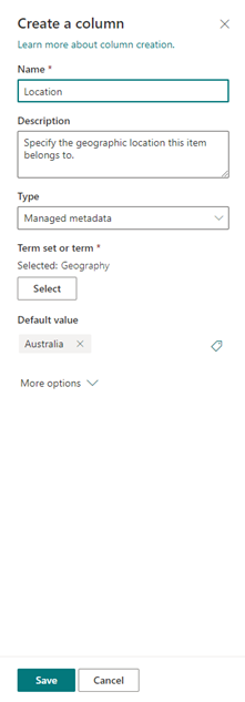 On selecting the option, users will be able to specify the column information such as its name and description, and select the desired term set or term that exists within your organization, to associate the column with.