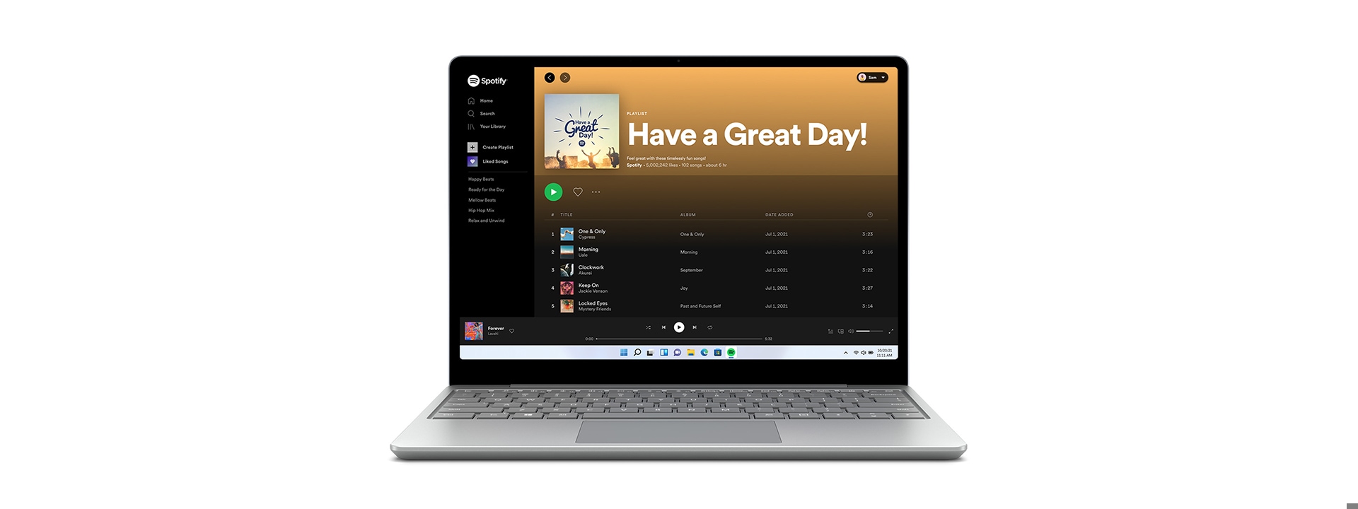Ein Surface Laptop Go, auf dem Spotify angezeigt wird.
