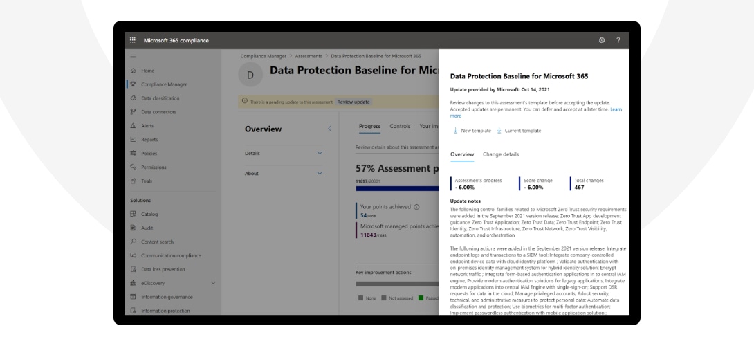 The screen showing an update on Data Protection Baseline for Microsoft 365 in Microsoft 365 compliance.