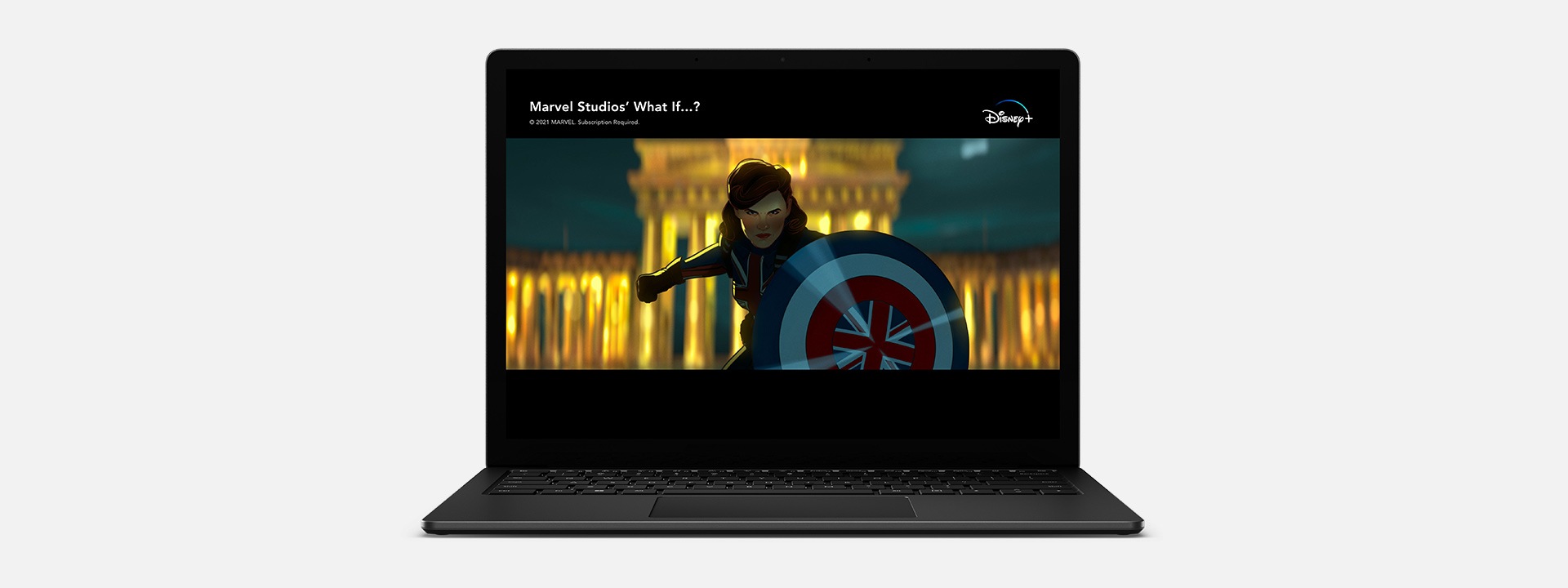 A Surface Laptop 4 with Marvel’s Captain Carter displayed in Disney Plus.