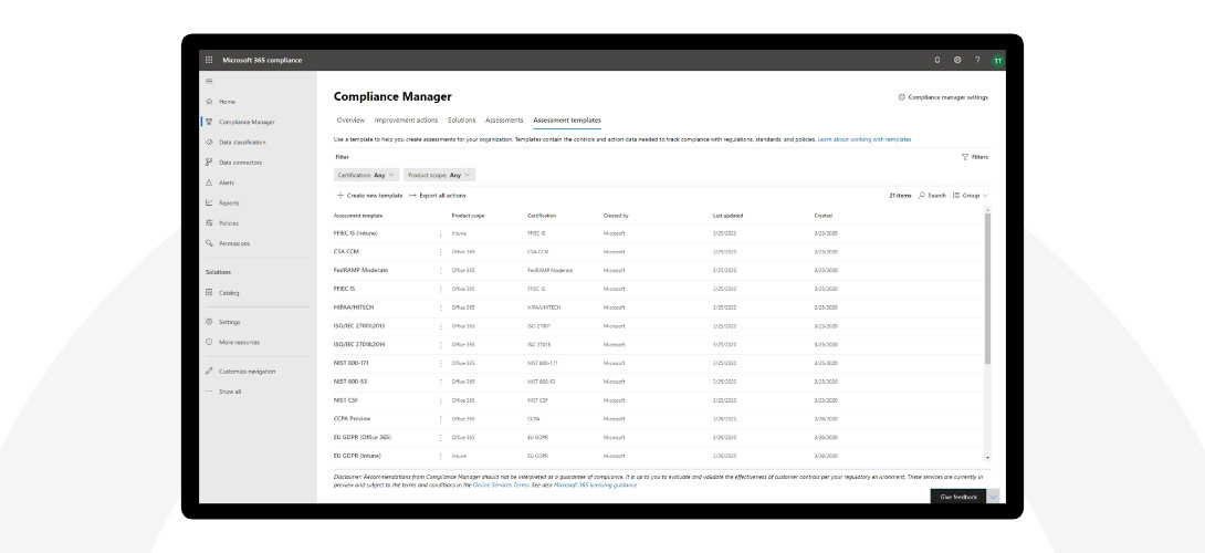 The compliance manager in Microsoft 365 compliance.