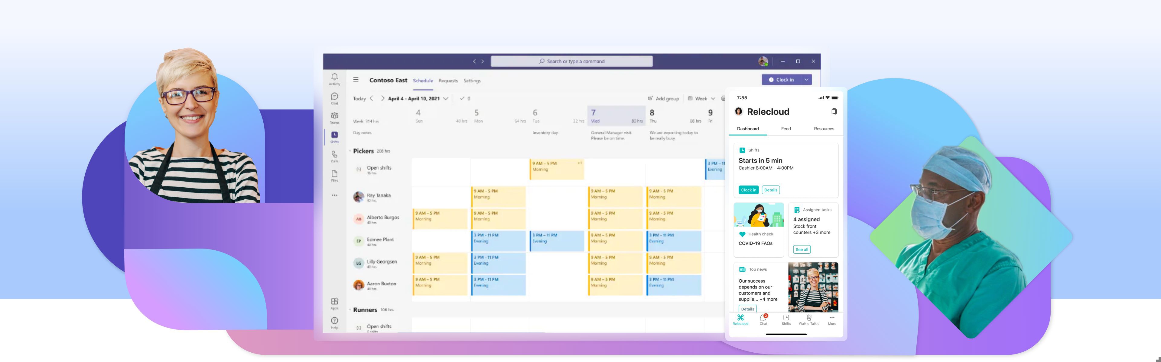 Two frontline workers, a Shift calendar in Teams for desktop and a team dashboard in Teams for mobile.