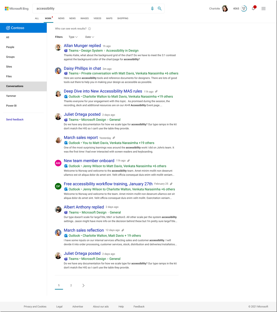 Yammer results will be displayed under the new Yammer vertical.