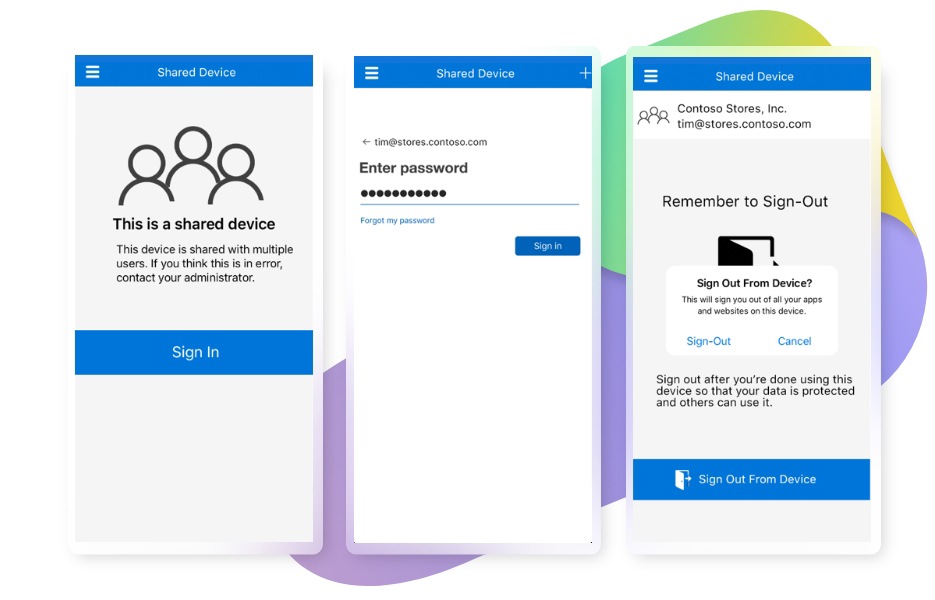 Three screens showing the process to sign-in from a shared device.