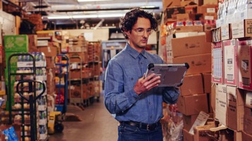 Trabajador en un almacén usando una tableta.