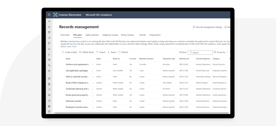 Records management in Microsoft 365 compliance.