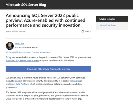 En artikel på Microsoft SQL Server-bloggen om SQL Server 2022-previewet