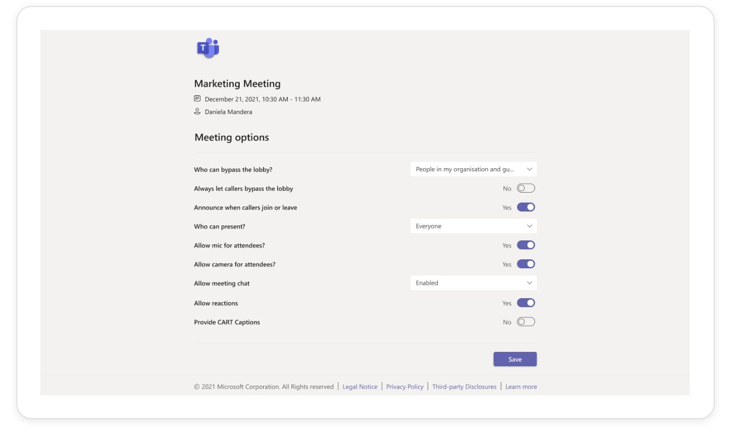 Meeting options page with rows of settings where a user can select from a dropdown or toggle on or off.
