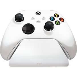 Front view of the Razer Universal Quick Charging Stand for Xbox in Robot White with an Xbox Wireless Controller attached to it.