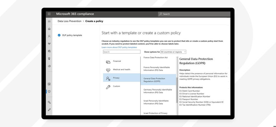 Creating a custom or templated policy in Microsoft 365 compliance.