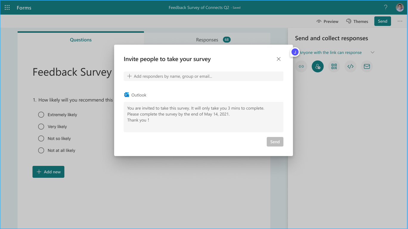 Once a new survey is created in Microsoft Forms, the creator will have the ability to invite others to complete the form.