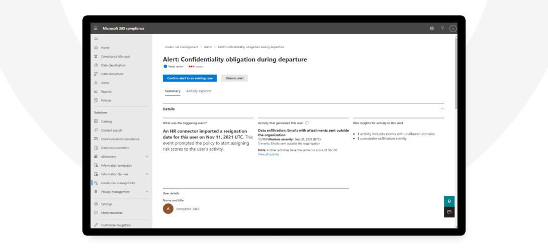 A confidentiality obligation alert in Microsoft 365 compliance.