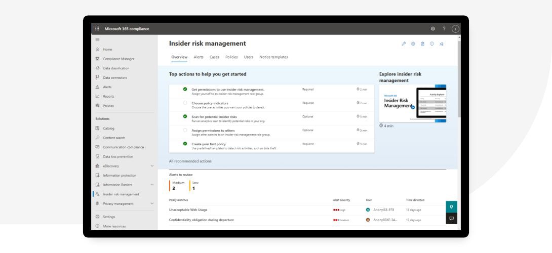 An Insider risk management overview in Microsoft 365 compliance.