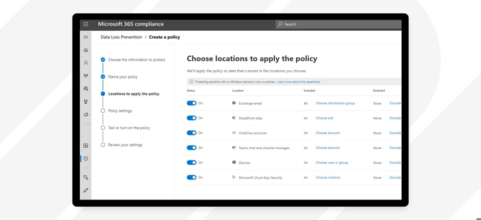 Choosing a location to apply a new policy in Microsoft 365 compliance.