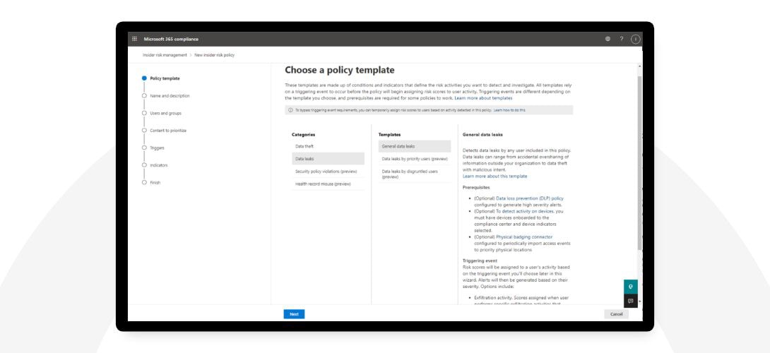 Policy template creation in Microsoft 365 compliance.