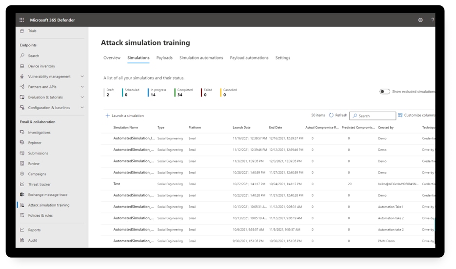 A list of simulations under attack simulation training in Microsoft 365 Defender.