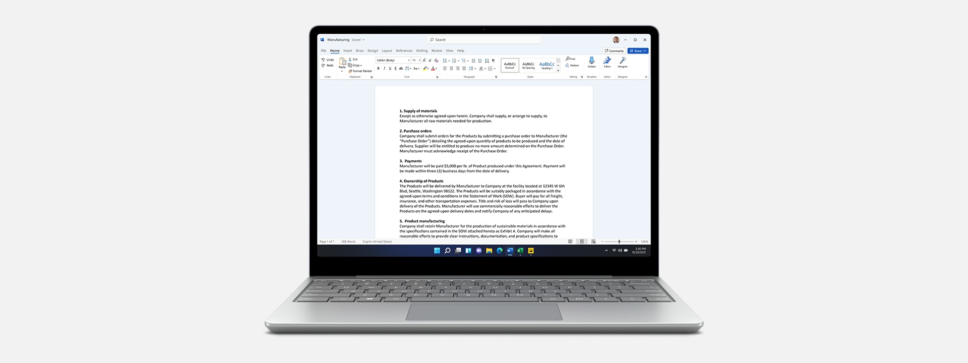 A Microsoft Word document open on Surface Laptop Go 2 for Business.