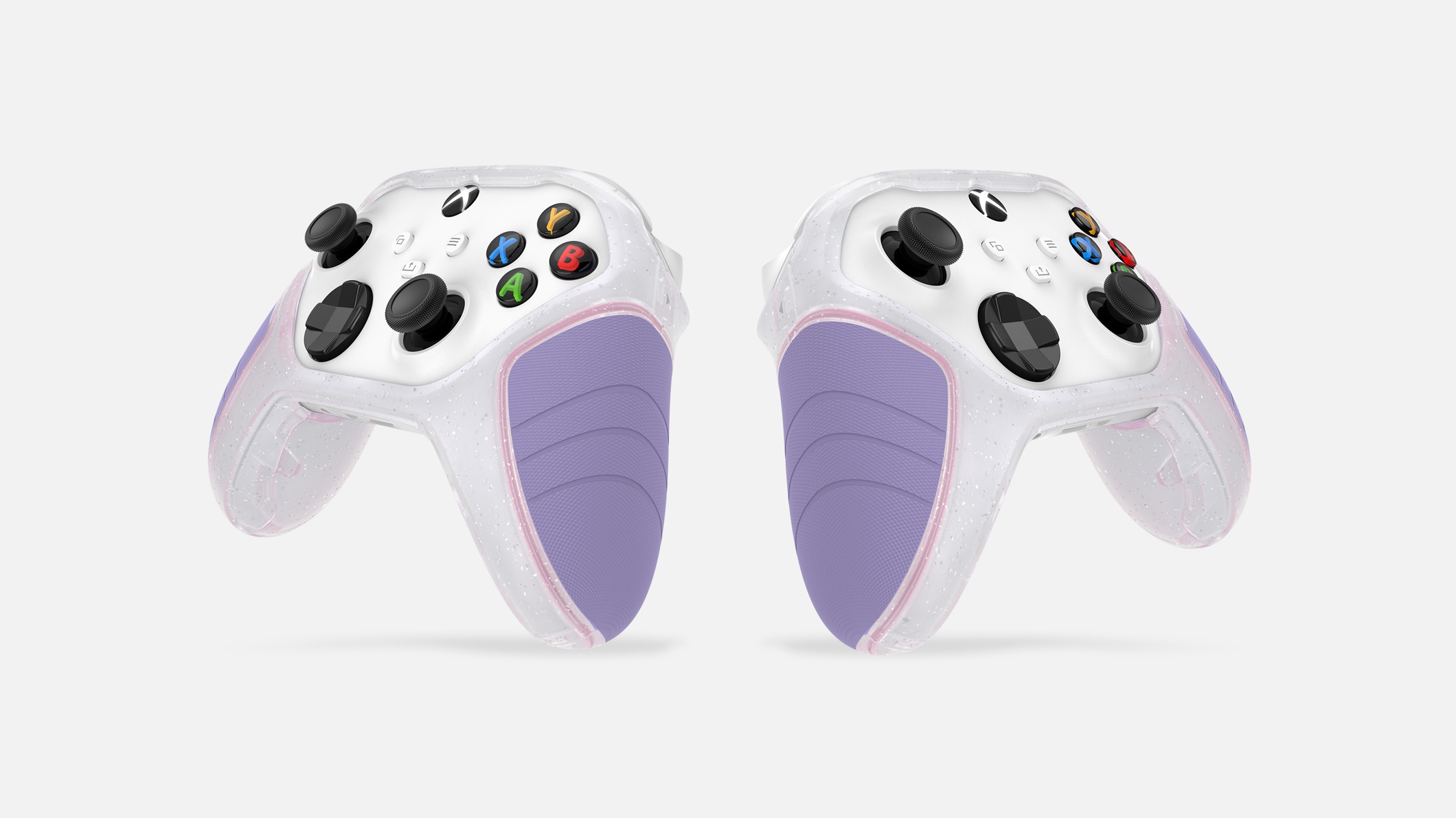 Angled view of both sides of the Lilac Dream Easy Grip Controller Shell