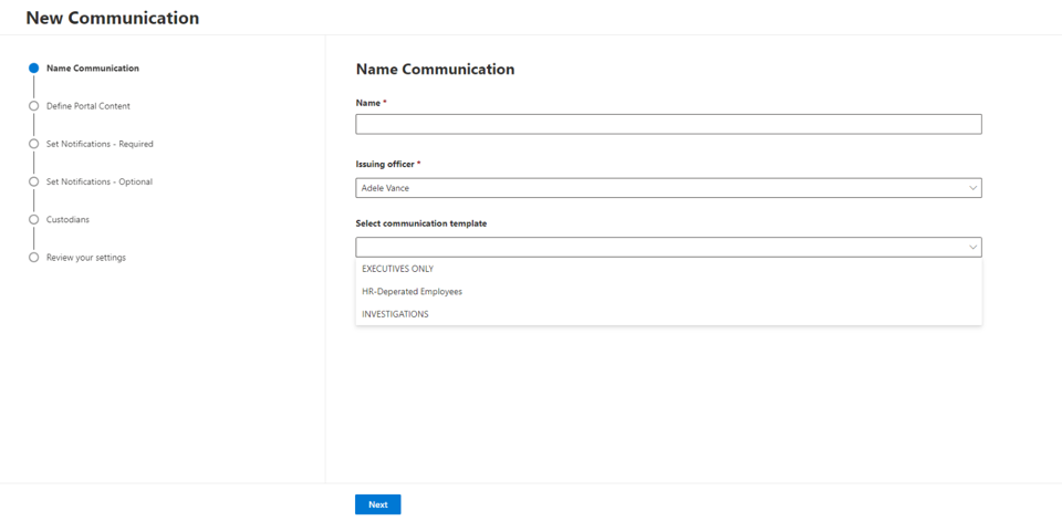 Once the above settings are defined, you can select the issuing officer and the communication template options for your new legal hold notification from Case > Communications > New communication.