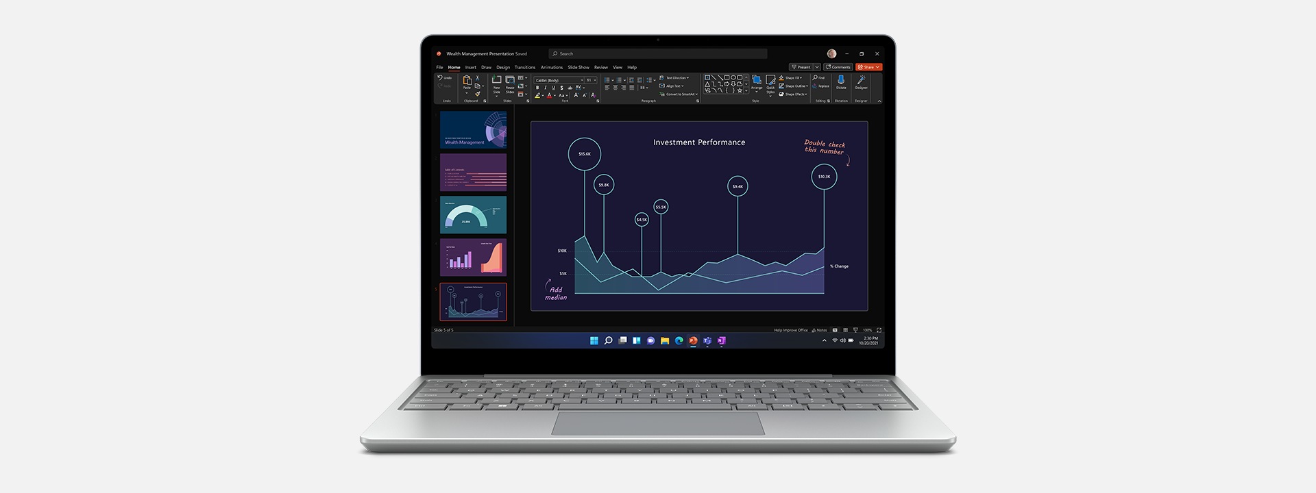 A Microsoft PowerPoint presentation open on Surface Laptop Go 2 for Business.