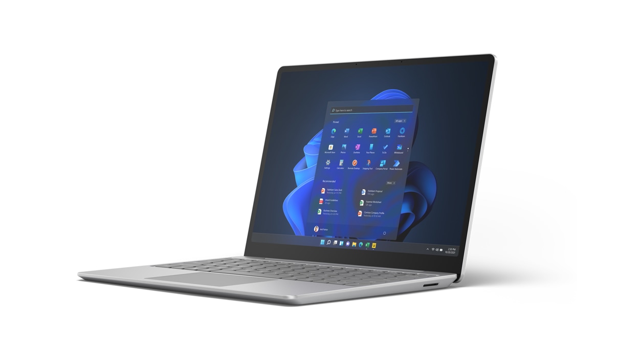 Vista angolare destra di Surface Laptop Go 2 per le aziende color Platino.