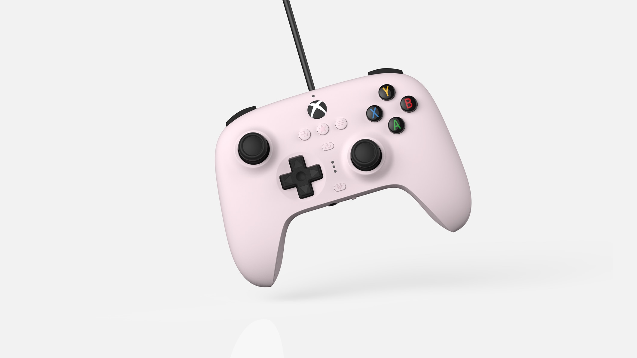 Front view of pink 8BitDo Ultimate Wired Controller floating above a plain surface.