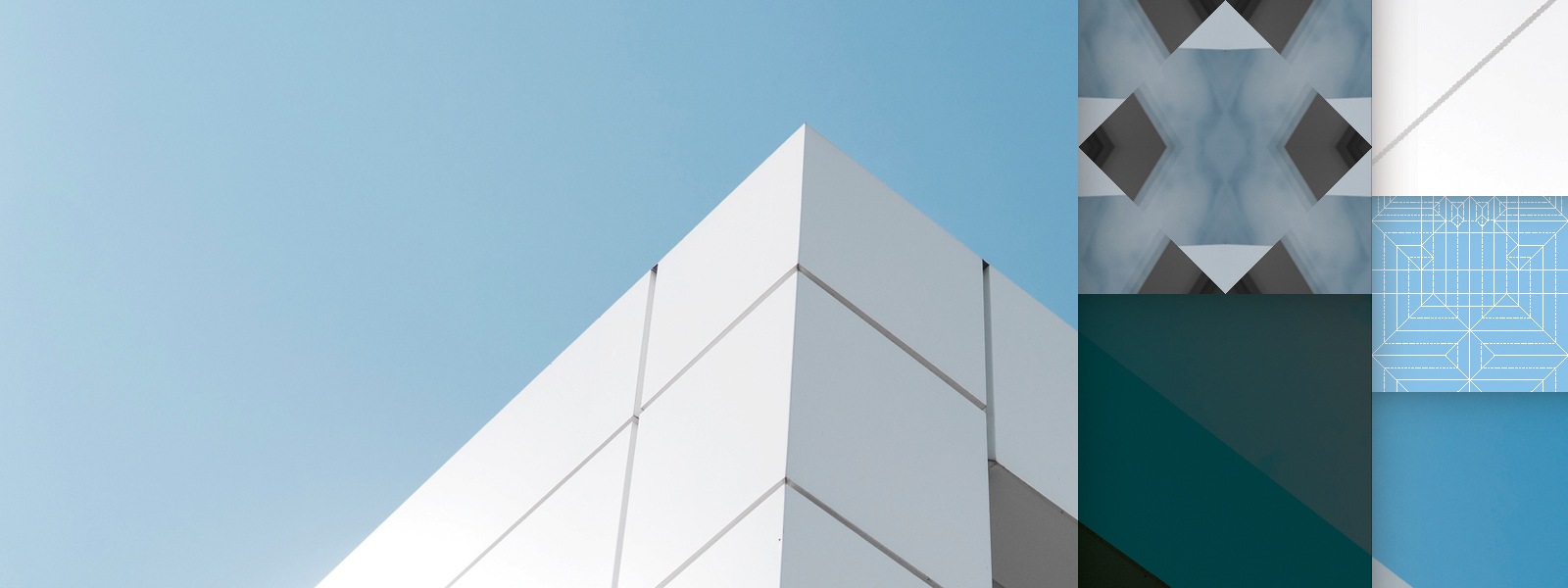 Weißes Bürogebäude vor blauem Himmel mit überlagerten Detailboxen