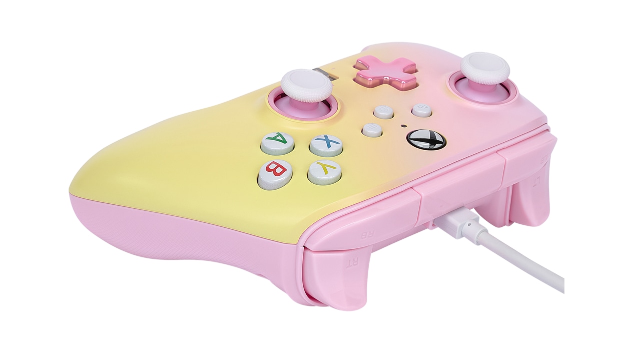Angled front view of Pink Lemonade PowerA Enhanced Wired Controller