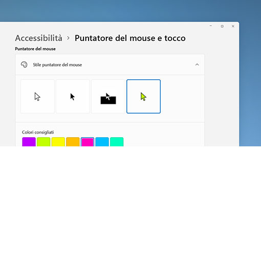 Opzioni più grandi e colorate per il cursore di testo e il puntatore del mouse
