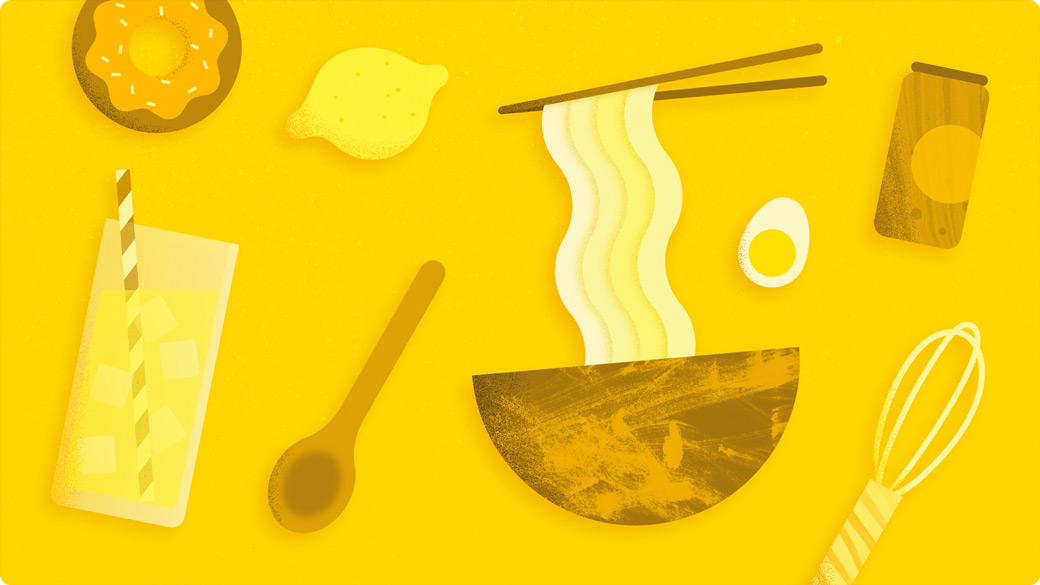 Illustration of kitchen utensils with a yellow background