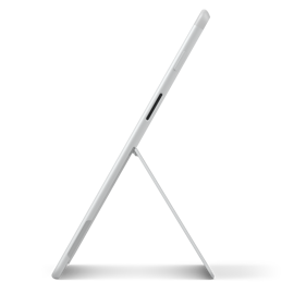 Side angle view of replacement kickstand attached to a Surface Pro X in platinum.