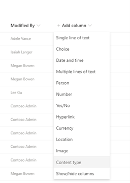 SharePoint site collection administrators will now be able to see the “Content Type” option in the “Add Column” menu, even when they have not enabled Allow management of Content types from the Advanced settings option of Library Settings.
