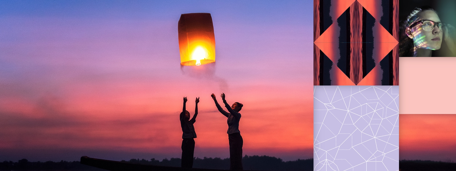Silhueta de uma família soltando lanternas iluminadas à beira mar durante o pôr do sol, com uma sobreposição abstrata.