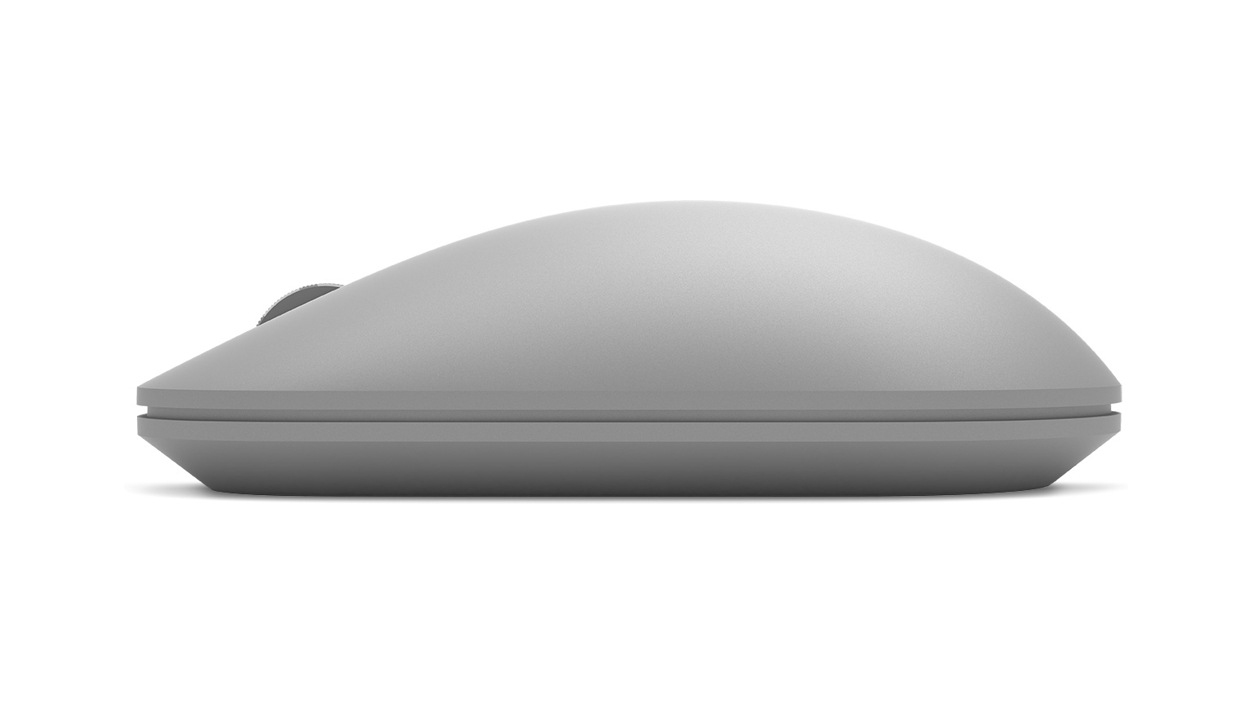 Zoomed-in side view of the Microsoft Modern mouse in silver.