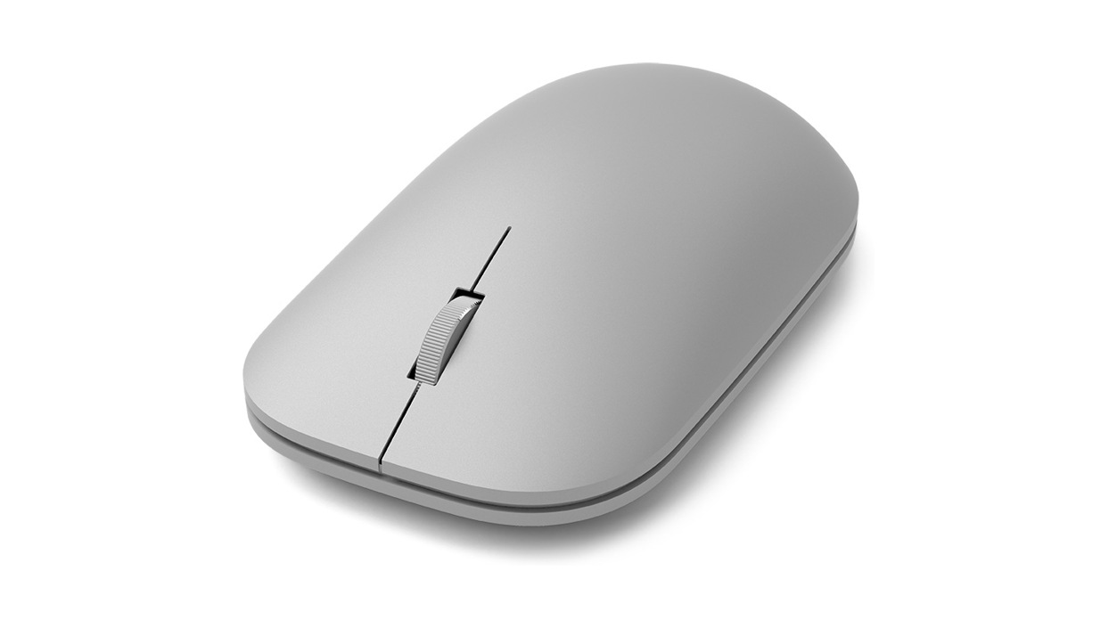Front-angled view of the Microsoft Modern mouse highlighting its finger dial on top.