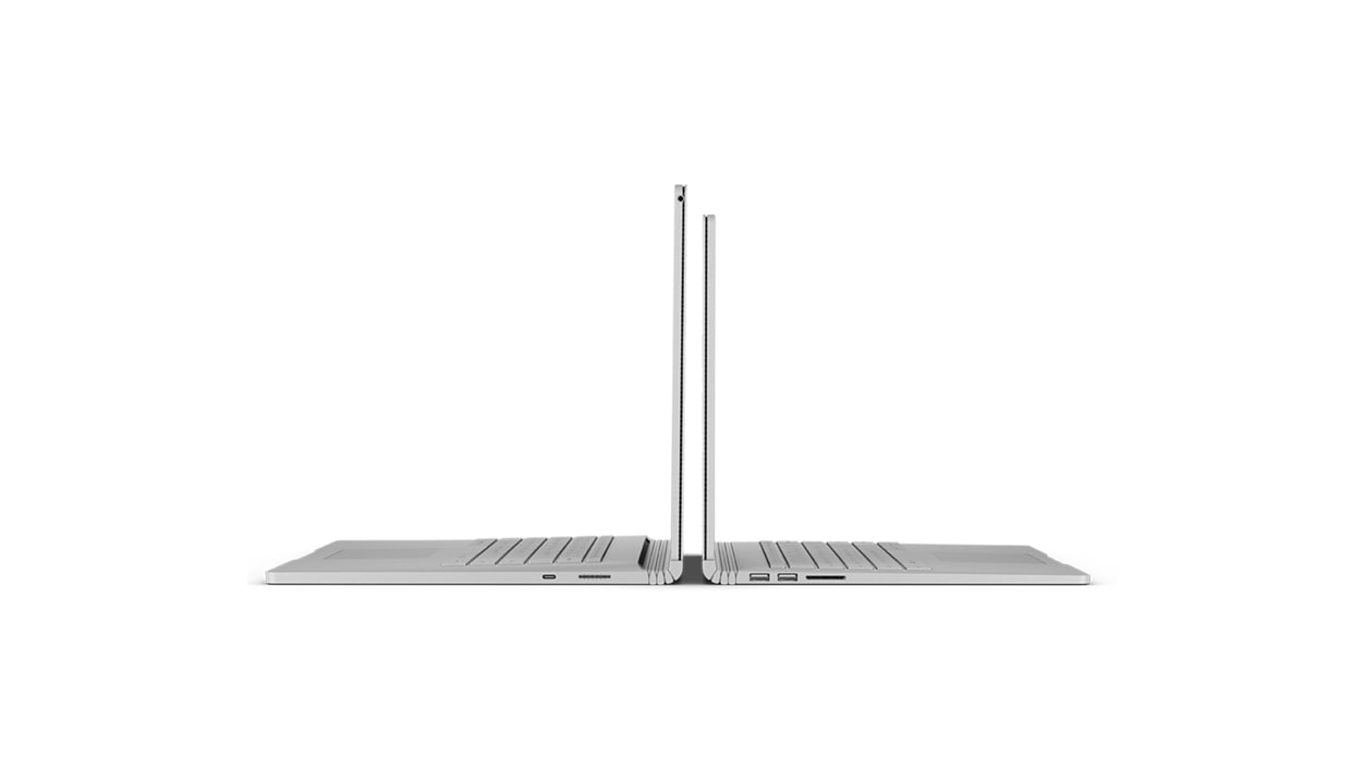 Two Surface Book 2 devices, side view, back to back