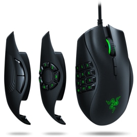 View of the three interchangeable side plates of the Razer Naga Trinity gaming mouse.