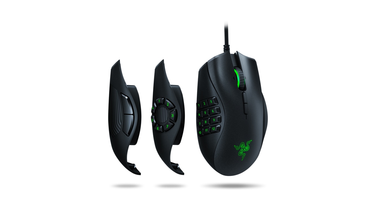View of the three interchangeable side plates of the Razer Naga Trinity gaming mouse.