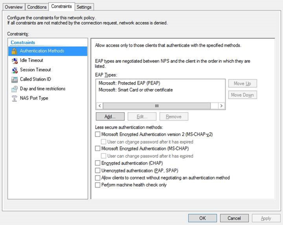This screen shot shows how to get to the Network Policy Properties dialog box.,
