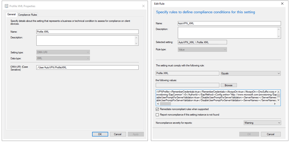 Creating a Profile XML and editing the OMA-URI settings to create a connection profile in System Center Configuration Manager