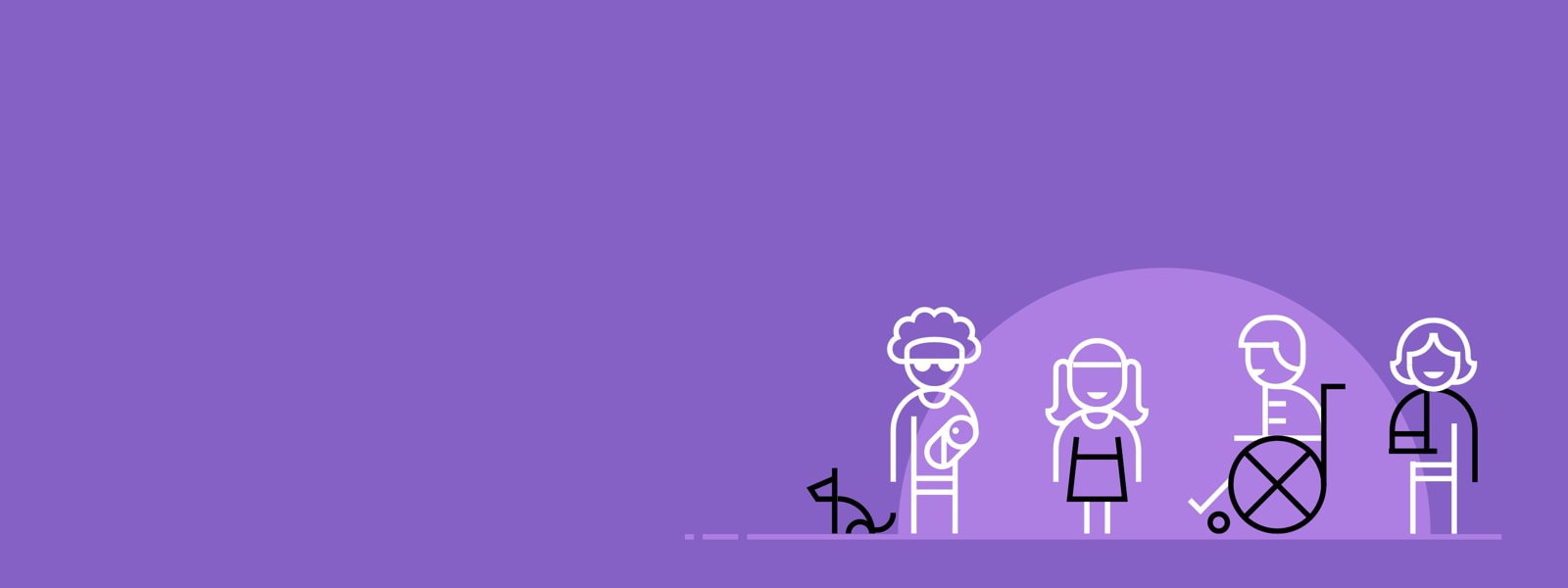 Inclusive design figures of 4 people and a dog. 1 person holding a baby, 1 using a wheelchair, 1 wearing a skirt, 1 using an arm sling