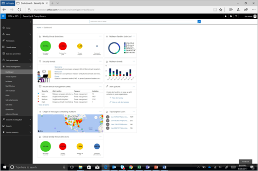 This screenshot shows what the Office 365 Security and Compliance Center looks like. The Office 365 Security and Compliance Center contains the Threat dashboard and Threat Explorer.