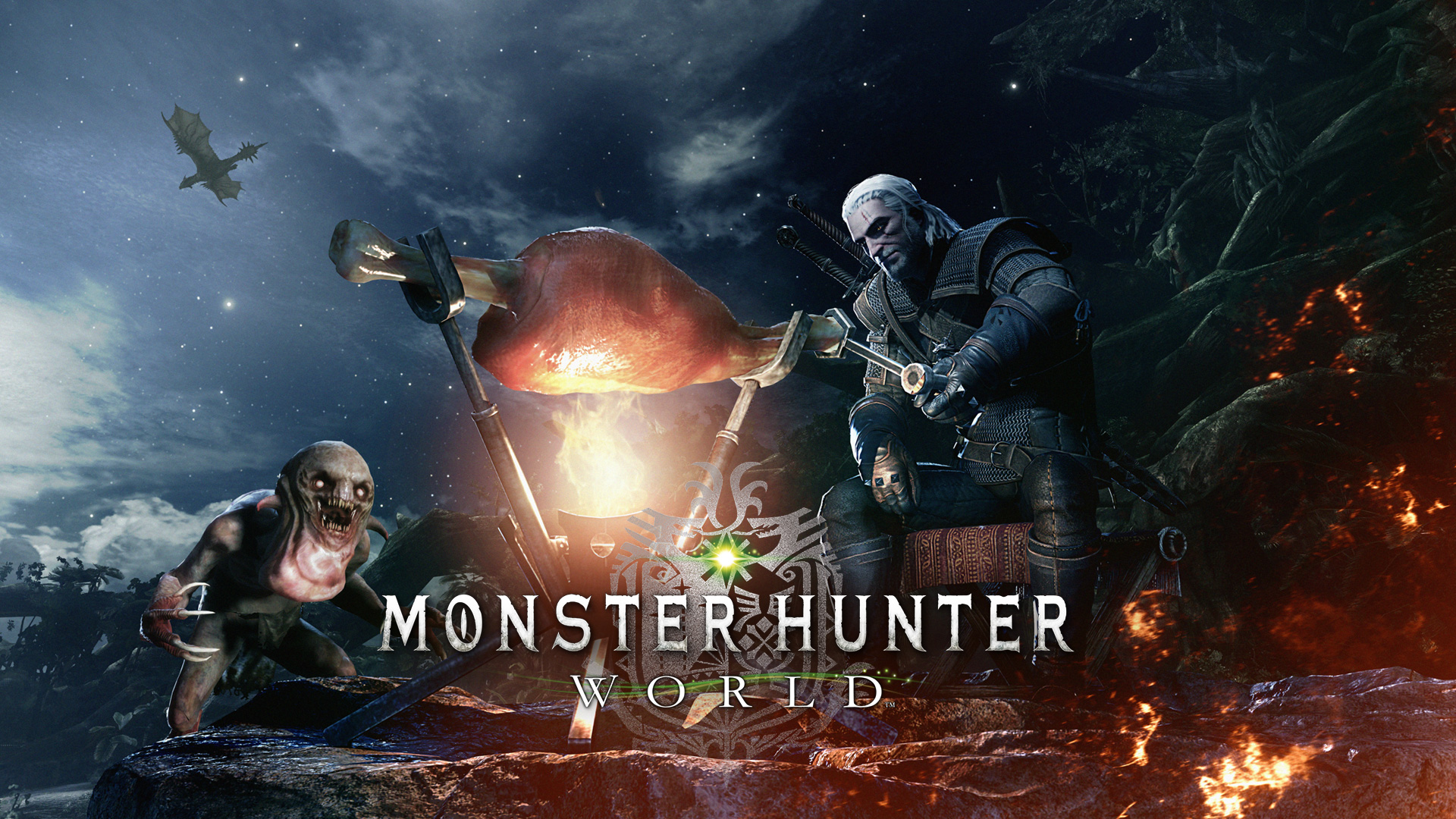 Monster Hunter W!   orld For Xbox One Xbox - play monster hunter world geralt cooks meat next to a nekker enemy