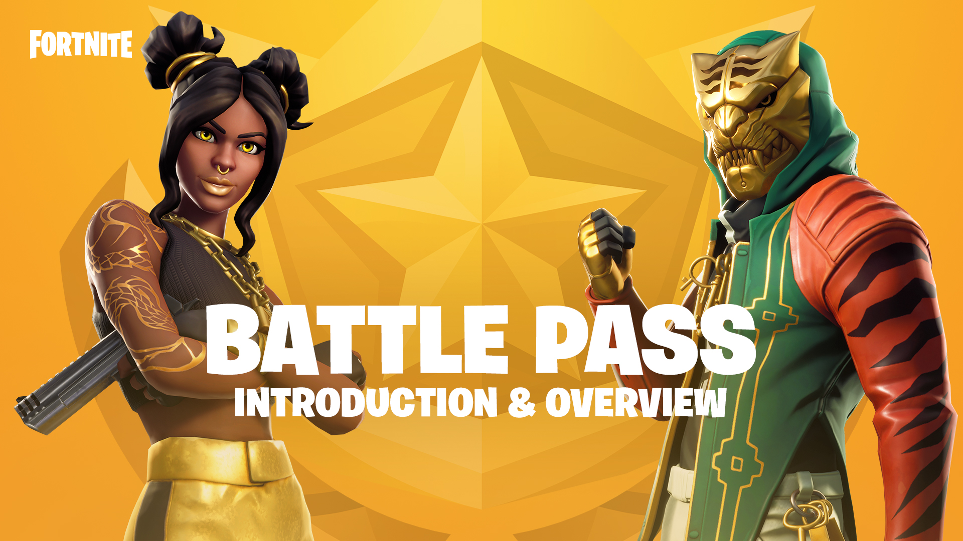 play fortnite battle pass introduction overview with two characters on an orange star background - xbox 1 fortnite free skin
