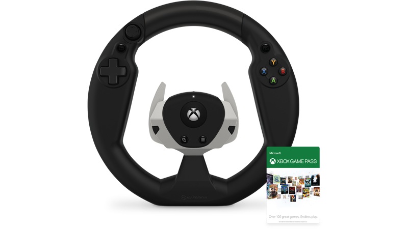 Front view of the Hyperkin S Wheel Wireless Racing Controller for Xbox One with a two-month Xbox Game Pass