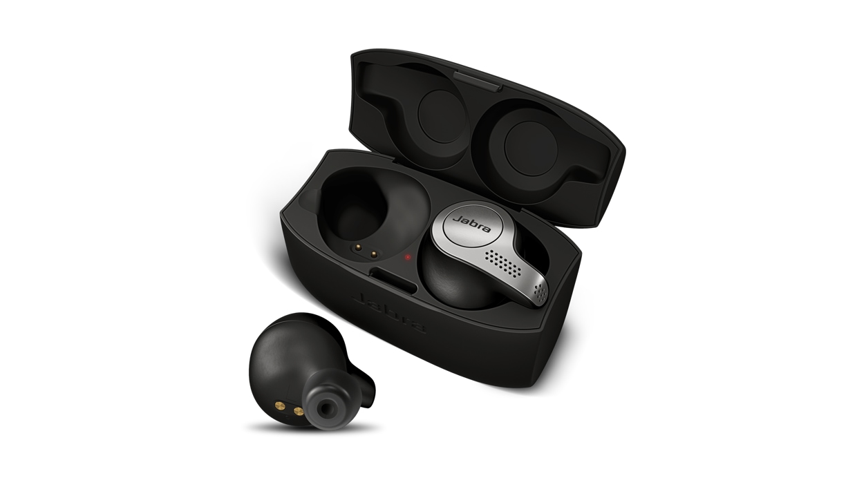 Right front view of one Jabra Elite 65t Earbud in case and one lying next to case