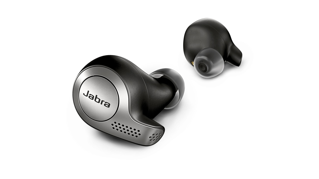 Right front view of Jabra Elite 65t Earbuds angled toward one another
