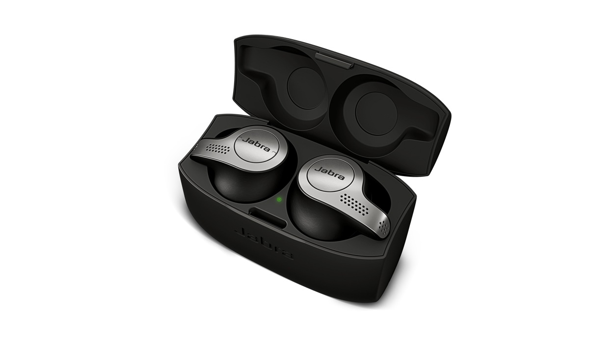 Right front view of Jabra Elite 65t Earbuds in case