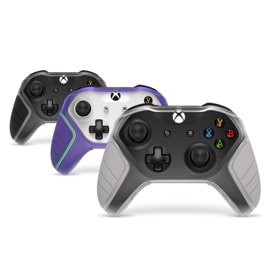 Three Xbox controllers showing the Otterbox Easy Grip Controller Shell in Black, Deep Blue, and White.