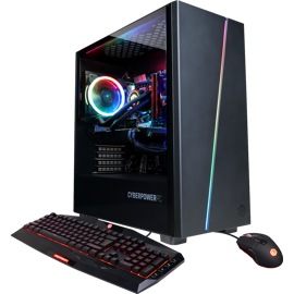 Left front view of CYBERPOWERPC Gamer SLC4000MSTV3 GPC with keyboard and mouse